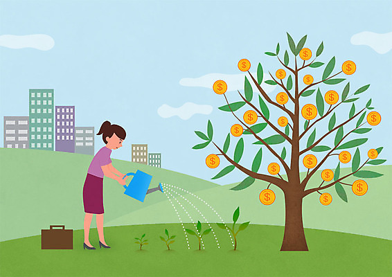 전신 PSD 나무 여자 서류가방 일러스트 한명 사람 빌딩 초원 성인 금융 새싹 달러 동전 물뿌리개 도시 언덕 물주기 국내일러스트 식물 1 돈 가방 모션 건물 경제 파일형식