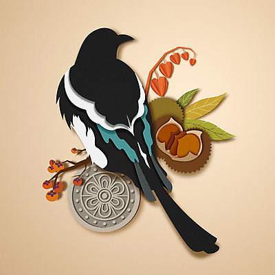 한마리 낙엽 일러스트 조류 사람없음 전통문양 가을 나뭇가지 페이퍼아트 밤송이 감나무 까치 단감 국내일러스트 AI파일 나무 동물 1 전통 문양 계절 잎 감 밤_견과류 파일형식 벡터