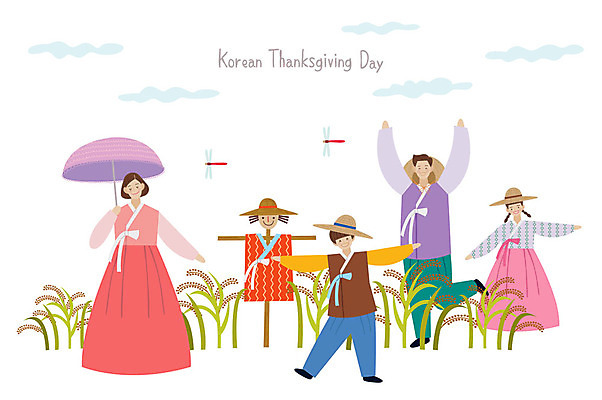 전신 여자 명절 남자 딸 아들 어린이 두마리 일러스트 가족 엄마 팔벌리기 논 들기 사람 여러명 성인 추석 벼 아빠 잠자리 한복 핵가족 즐거움 밀짚모자 양산 허수아비 국내일러스트 AI파일 모자_잡화 한국전통 전통 기념일 감정 다수 곤충 2 농업 관계 모션 곡류 전통의상 파일형식 벡터