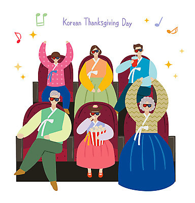 전신 여자 명절 할아버지 노년 남자 딸 아들 할머니 어린이 일러스트 가족 엄마 대가족 사람 여러명 성인 추석 아빠 한복 영화관 손주 즐거움 3D안경 영화감상 국내일러스트 AI파일 한국전통 전통 기념일 감정 안경 다수 관계 감상 전통의상 극장 영화 파일형식 벡터