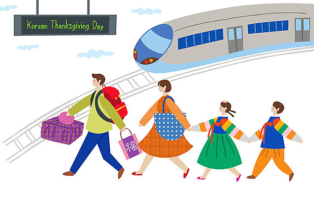 전신 여자 명절 남자 딸 아들 어린이 일러스트 배낭 가족 엄마 들기 사람 여러명 성인 쇼핑백 걷기 추석 기차 아빠 한복 핵가족 기차역 색동저고리 귀성길 추석선물 국내일러스트 AI파일 한국전통 전통 기념일 육상교통 다수 가방 관계 모션 대중교통 선물 역 전통의상 저고리 파일형식 벡터 명절선물