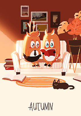 PSD 캐릭터 화분 액자 거실 일러스트 사슴 의인화 세마리 앉기 사람없음 책 소파 독서 고양이 카펫 가을 사슴캐릭터 책더미 국내일러스트 일러캐릭터 계절 동물캐릭터 의자 포유류 모션 3 반려동물 무더기 파일형식