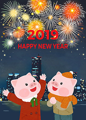 PSD 두마리 일러스트 새해 불꽃놀이 빌딩 사람없음 건물 돼지띠 돼지 신년캐릭터 해피뉴이어 돼지캐릭터 2019년 기해년 국내일러스트 일러캐릭터 캐릭터 건축물 동물캐릭터 2 포유류 놀이 새해인사 십이지신 연도 파일형식