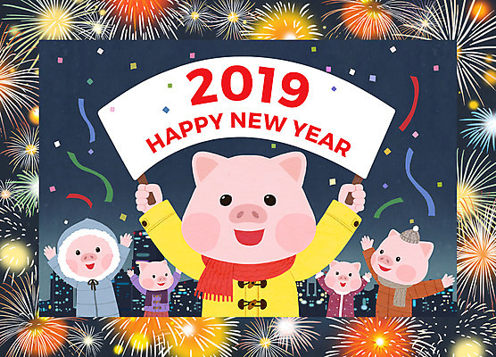PSD 여러마리 일러스트 새해 폭죽 불꽃놀이 사람없음 건물 돼지띠 돼지 신년캐릭터 해피뉴이어 돼지캐릭터 2019년 기해년 국내일러스트 일러캐릭터 캐릭터 건축물 동물캐릭터 다수 포유류 놀이 새해인사 십이지신 연도 파일형식
