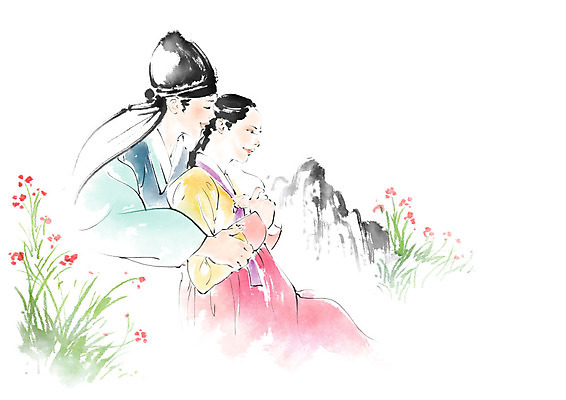 PSD 커플 여자 남자 데이트 일러스트 캘리그라피 붓터치 사랑 미소 사람 상반신 성인 두명 들꽃 한복 번짐 백허그 도령 아씨 국내일러스트 한국전통 꽃 감정 관계 포옹 표정 전통의상 신분 파일형식 효과