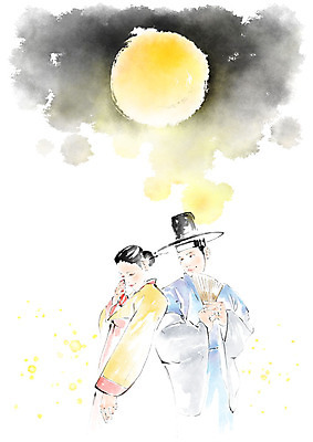 PSD 커플 여자 남자 일러스트 캘리그라피 붓터치 미소 사람 상반신 성인 두명 보름달 달밤 야간 한복 수줍음 번짐 전통부채 국내일러스트 갓모자 자연요소 모자_잡화 한국전통 감정 관계 전통소품 표정 달 부채 전통의상 파일형식 효과