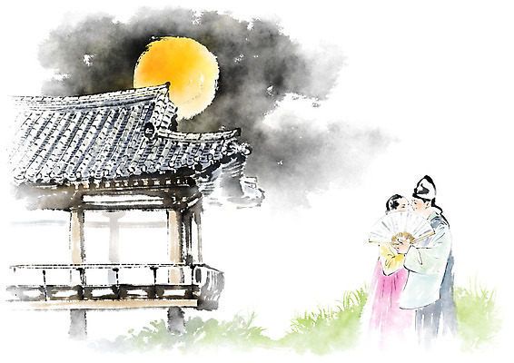 PSD 커플 여자 남자 데이트 일러스트 캘리그라피 안기 붓터치 키스 사람 상반신 성인 두명 보름달 달밤 야간 한복 정자 번짐 도령 전통부채 아씨 국내일러스트 자연요소 한국전통 건축물 관계 모션 달 부채 전통의상 애정표현 신분 파일형식 효과