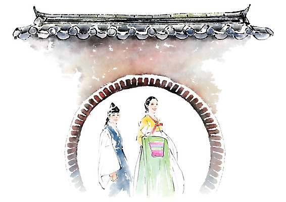 PSD 한국전통 커플 응시 여자 남자 일러스트 캘리그라피 붓터치 서기 미소 웃음 들기 사람 상반신 성인 두명 한복 번짐 전통문 도령 아씨 기와담장 국내일러스트 전통 시선 관계 모션 한국 표정 기와 담장 문 전통의상 신분 파일형식 효과