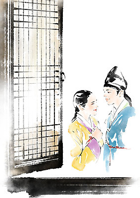 PSD 커플 여자 남자 일러스트 캘리그라피 붓터치 미소 사람 상반신 성인 두명 문 마주보기 한복 수줍음 번짐 도령 아씨 전통문살 국내일러스트 한국전통 전통 감정 관계 모션 표정 전통의상 문살 신분 파일형식 효과