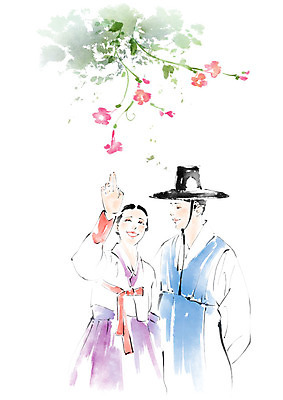PSD 커플 응시 여자 남자 꽃 데이트 일러스트 캘리그라피 붓터치 미소 사람 상반신 성인 두명 손들기 봄 산책 한복 번짐 도령 아씨 국내일러스트 갓모자 식물 모자_잡화 한국전통 시선 계절 관계 모션 휴식 전통소품 표정 전통의상 신분 파일형식 효과