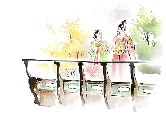 PSD 나무 여자 남자 일러스트 캘리그라피 붓터치 미소 사람 상반신 성인 두명 마주보기 정원 산책 궁전 왕 번짐 여왕 곤룡포 당의 가교 국내일러스트 식물 건축물 고건축 모션 휴식 표정 한복 예복 파일형식 효과