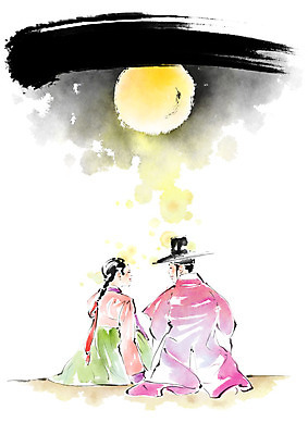 PSD 커플 여자 남자 일러스트 캘리그라피 붓터치 미소 사람 앉기 상반신 성인 두명 마주보기 보름달 달밤 야간 한복 수줍음 번짐 댕기머리 도령 아씨 국내일러스트 갓모자 자연요소 모자_잡화 한국전통 헤어스타일 감정 관계 모션 전통소품 표정 달 전통의상 신분 파일형식 효과