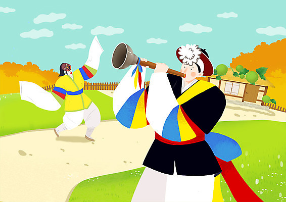 전신 PSD 한국전통 남자 연주 일러스트 초가집 사람 초원 상반신 성인 두명 전통놀이 한국인 농촌 시골 사물놀이 즐거움 탈춤 탈 상모 들길 삼색띠 탈춤놀이 태평소 한삼 국내일러스트 전통 감정 길 음악 놀이 한옥 한국 국악기 관악기 가면 동양인 전통의상 전통공연 전통무용 파일형식