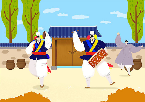 전신 PSD 나무 구름 한국전통 남자 연주 일러스트 하늘 사람 성인 세명 담장 손들기 전통놀이 고깔모자 한국인 춤 항아리 한복 사물놀이 북 즐거움 대문 꽹과리 다리들기 삼색띠 국내일러스트 자연요소 식물 모자_잡화 전통 감정 음악 모션 놀이 문화예술 타악기 한국 국악기 동양인 문 도자기 전통의상 전통공연 파일형식