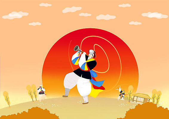 전신 PSD 한국전통 남자 연주 일러스트 초가집 사람 성인 세명 태양 전통놀이 일몰 한국인 풍물놀이 사물놀이 즐거움 징 상모 삼색띠 상모돌리기 태평소 국내일러스트 자연요소 전통 감정 음악 놀이 타악기 한옥 한국 국악기 국악 관악기 동양인 노을 전통공연 파일형식