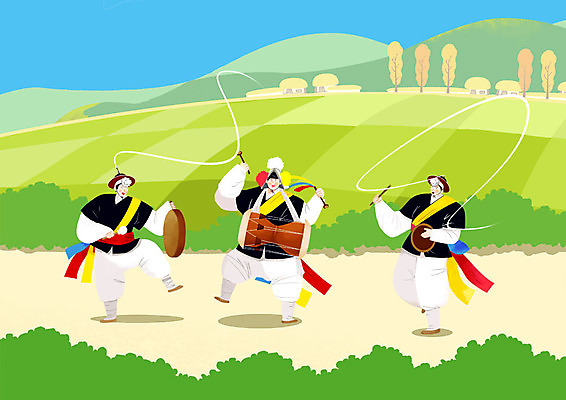 전신 PSD 한국전통 남자 연주 일러스트 논 초가집 사람 초원 성인 세명 전통놀이 고깔모자 한국인 농촌 시골 풍물놀이 사물놀이 즐거움 장구 징 꽹과리 상모 시골길 삼색띠 상모돌리기 국내일러스트 모자_잡화 전통 감정 길 음악 농업 놀이 타악기 한옥 한국 국악기 국악 동양인 전통공연 파일형식