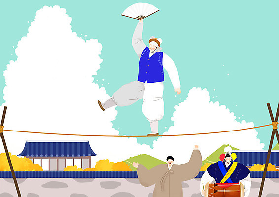 전신 PSD 한국전통 남자 연주 일러스트 하늘 기와집 사람 상반신 성인 세명 손들기 전통놀이 고깔모자 한국인 한복 사물놀이 즐거움 장구 전통부채 삼색띠 외줄타기 국내일러스트 모자_잡화 전통 감정 음악 모션 놀이 타악기 한옥 한국 국악기 동양인 부채 묘기 전통의상 전통공연 줄타기 파일형식