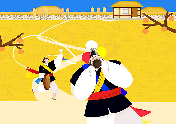 전신 PSD 나무 한국전통 남자 연주 일러스트 논 초가집 사람 초원 상반신 성인 두명 전통놀이 고깔모자 한국인 농촌 시골 풍물놀이 사물놀이 즐거움 징 상모 논두렁 삼색띠 상모돌리기 태평소 국내일러스트 식물 모자_잡화 전통 감정 음악 농업 놀이 타악기 한옥 한국 국악기 국악 관악기 동양인 전통공연 파일형식