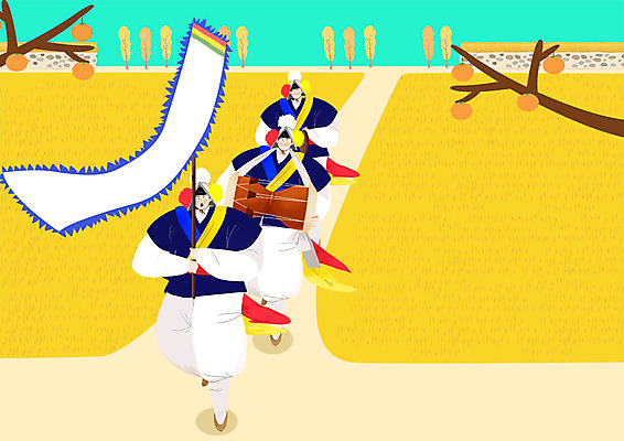 전신 PSD 나무 한국전통 남자 연주 일러스트 논 들기 사람 초원 성인 세명 전통놀이 고깔모자 한국인 농촌 시골 깃발 사물놀이 즐거움 장구 일렬 꽹과리 논길 삼색띠 행진 국내일러스트 식물 모자_잡화 전통 감정 길 음악 농업 모션 놀이 타악기 한국 국악기 동양인 전통공연 파일형식