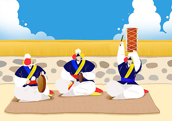 전신 PSD 구름 한국전통 남자 연주 일러스트 하늘 사람 앉기 성인 세명 담장 전통놀이 고깔모자 한국인 사물놀이 북 즐거움 돗자리 징 꽹과리 삼색띠 국내일러스트 자연요소 모자_잡화 전통 감정 음악 모션 놀이 타악기 한국 국악기 동양인 전통공연 파일형식