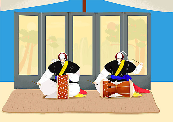 전신 PSD 한국전통 남자 연주 일러스트 사람 앉기 성인 두명 전통놀이 한국인 사물놀이 북 즐거움 돗자리 장구 병풍 상모 삼색띠 국내일러스트 전통 감정 음악 모션 놀이 타악기 한국 국악기 동양인 전통공연 파일형식