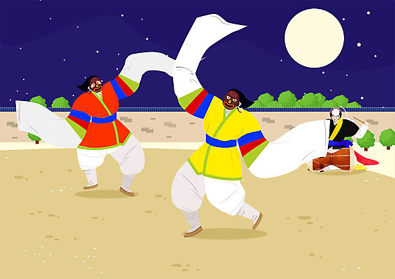 전신 PSD 한국전통 남자 연주 일러스트 사람 앉기 성인 세명 전통놀이 한국인 보름달 춤 야간 사물놀이 즐거움 탈춤 장구 탈 삼색띠 탈춤놀이 한삼 국내일러스트 자연요소 전통 감정 음악 모션 놀이 문화예술 타악기 한국 국악기 가면 동양인 달 전통의상 전통공연 전통무용 파일형식