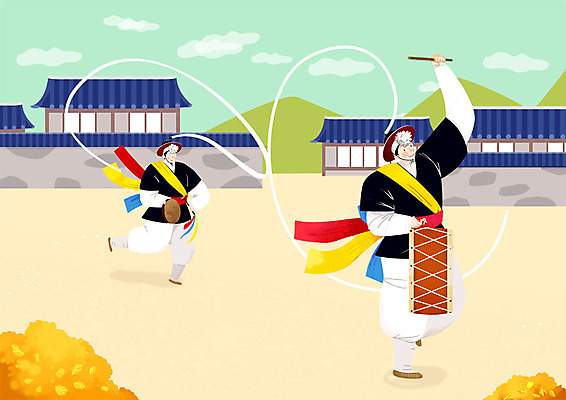 전신 PSD 한국전통 남자 고건축 연주 일러스트 기와집 사람 성인 두명 담장 전통놀이 한국인 풍물놀이 사물놀이 북 즐거움 꽹과리 상모 삼색띠 상모돌리기 국내일러스트 전통 건축물 감정 음악 놀이 타악기 한옥 한국 국악기 국악 동양인 전통공연 파일형식