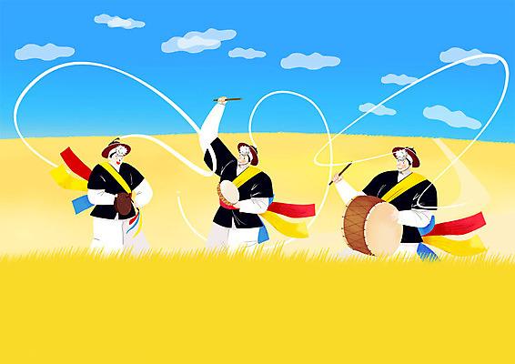 PSD 한국전통 남자 연주 일러스트 논 사람 초원 상반신 성인 세명 전통놀이 한국인 농촌 시골 풍물놀이 사물놀이 북 즐거움 소고 꽹과리 상모 삼색띠 상모돌리기 국내일러스트 전통 감정 음악 농업 놀이 타악기 한국 국악기 국악 동양인 전통공연 파일형식