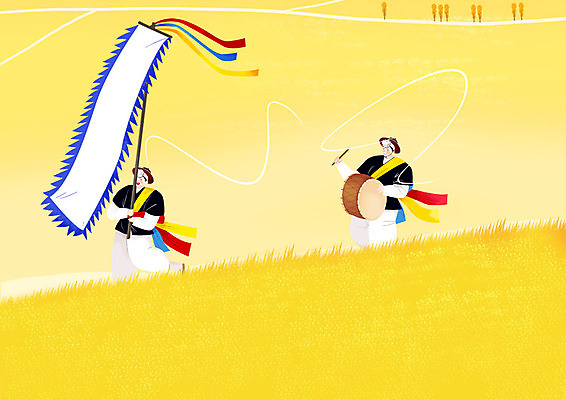 전신 PSD 한국전통 남자 연주 일러스트 논 들기 사람 초원 성인 두명 전통놀이 한국인 농촌 깃발 풍물놀이 사물놀이 북 즐거움 상모 삼색띠 국내일러스트 전통 감정 음악 농업 모션 놀이 타악기 한국 국악 동양인 시골 전통공연 파일형식