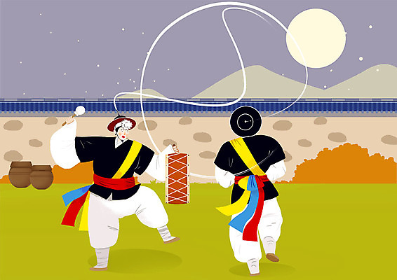 전신 PSD 한국전통 남자 연주 일러스트 들기 사람 성인 두명 전통놀이 한국인 보름달 춤 야간 풍물놀이 사물놀이 북 즐거움 상모 북채 삼색띠 상모돌리기 기와담장 국내일러스트 자연요소 전통 감정 음악 모션 놀이 문화예술 타악기 한국 기와 국악 동양인 담장 달 전통공연 파일형식