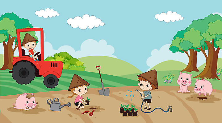전신 나무 모자 여자 남자 어린이 밭 일러스트 세마리 미소 사람 초원 세명 농작물 농사 물뿌리개 농촌 돼지 모종삽 삽 돼지캐릭터 트랙터 모종 물뿌리기 심기 국내일러스트 AI파일 식물 잡화 동물캐릭터 농업 포유류 모션 표정 3 시골 농기계 특수차량 파일형식 벡터