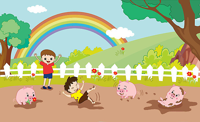 전신 나무 캐릭터 남자 어린이 무지개 일러스트 휴식 세마리 미소 사람 두명 눕기 손들기 돼지 즐거움 진흙 돼지캐릭터 국내일러스트 일러캐릭터 AI파일 자연요소 식물 감정 동물캐릭터 컨셉 포유류 모션 표정 3 파일형식 벡터