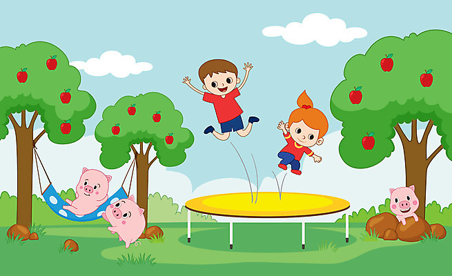 전신 캐릭터 여자 남자 어린이 일러스트 세마리 사람 잔디 두명 눕기 점프 돼지 즐거움 돼지캐릭터 사과나무 해먹 덤블링 국내일러스트 일러캐릭터 AI파일 나무 식물 감정 동물캐릭터 포유류 모션 3 침대 사과 파일형식 벡터