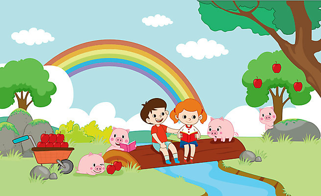 전신 나무 캐릭터 여자 남자 어린이 무지개 여러마리 일러스트 미소 사람 앉기 두명 책 독서 돼지 사과 가득함 즐거움 돼지캐릭터 사과나무 나무다리 국내일러스트 일러캐릭터 AI파일 자연요소 식물 감정 동물캐릭터 다수 과일 포유류 모션 표정 다리_건축물 파일형식 벡터