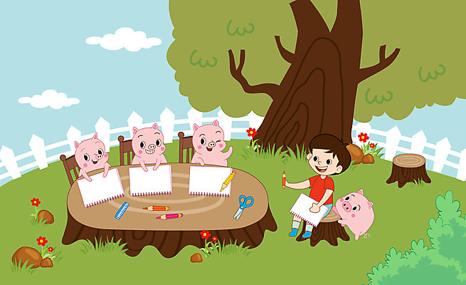 전신 나무 캐릭터 남자 어린이 여러마리 일러스트 색연필 한명 미소 사람 앉기 울타리 돼지 그리기 스케치북 즐거움 그림 돼지캐릭터 나무밑둥 소년한명만 국내일러스트 일러캐릭터 AI파일 식물 1 감정 동물캐릭터 다수 포유류 모션 학용품 표정 담장 남자한명만 소년만 파일형식 벡터