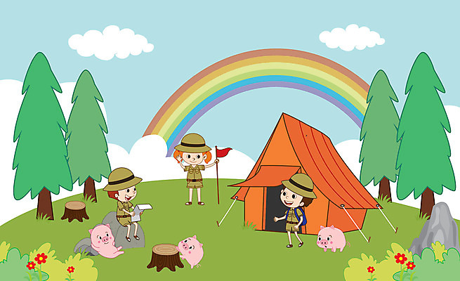 전신 나무 캐릭터 여자 남자 어린이 무지개 일러스트 배낭 휴식 텐트 세마리 미소 사람 세명 캠핑 깃발 돼지 모험가 즐거움 오르기 돼지캐릭터 나무밑둥 여름캠프 국내일러스트 일러캐릭터 AI파일 자연요소 식물 감정 동물캐릭터 컨셉 가방 포유류 모션 레저 표정 캠핑도구 3 여름 파일형식 벡터