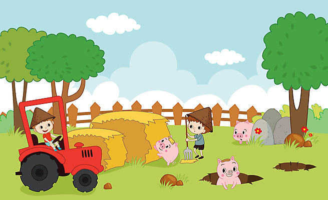 전신 나무 캐릭터 모자 여자 남자 어린이 일러스트 세마리 사람 잔디 두명 울타리 농장 운전 작업 돼지 볏짚 돼지캐릭터 트랙터 삼지창 땅속 숨기 국내일러스트 일러캐릭터 AI파일 식물 잡화 창 동물캐릭터 농업 포유류 모션 3 담장 짚 농기계 특수차량 파일형식 벡터