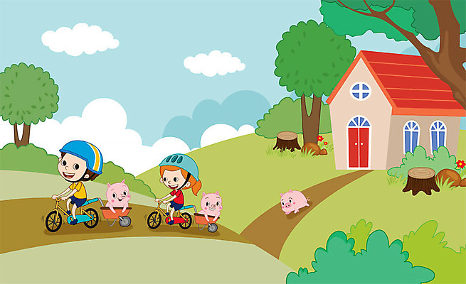 전신 나무 캐릭터 여자 남자 어린이 일러스트 주택 세마리 미소 사람 두명 달리기 자전거 돼지 안전모 즐거움 돼지캐릭터 나무밑둥 시골길 국내일러스트 일러캐릭터 AI파일 식물 감정 길 동물캐릭터 포유류 모션 표정 3 건물 바이크 헬멧 안전장비 파일형식 벡터