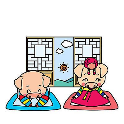 캐릭터 두마리 일러스트 새해 산 방석 미소 사람없음 태양 돼지 한복 세배 돼지캐릭터 아얌 전통문살 기해년 국내일러스트 일러캐릭터 AI파일 자연요소 한국전통 전통 동물캐릭터 2 포유류 전통소품 표정 절_인사 전통의상 문살 파일형식 벡터 2019년