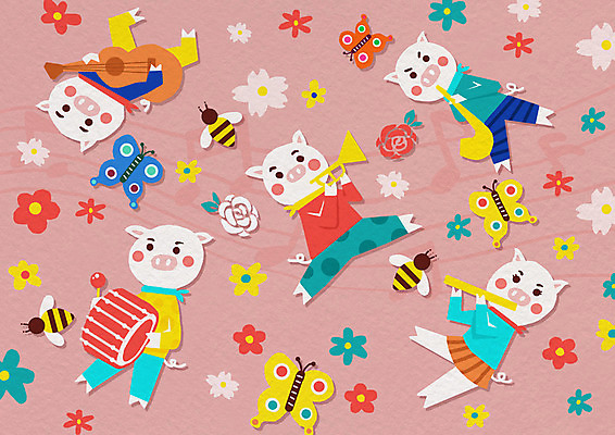 PSD 캐릭터 꽃 악기 나비 꽃밭 연주 여러마리 일러스트 사람없음 기타 돼지 꿀벌 플루트 나팔 북 즐거움 트럼펫 돼지캐릭터 국내일러스트 일러캐릭터 식물 감정 음악 동물캐릭터 다수 곤충 포유류 현악기 타악기 관악기 벌_곤충 금관악기 파일형식