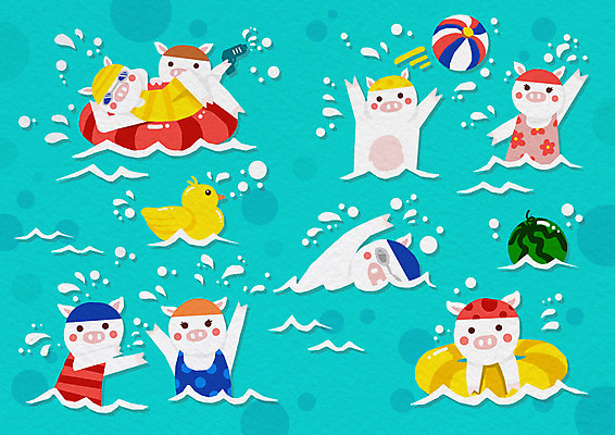 PSD 캐릭터 수영복 바다 여러마리 일러스트 물놀이 물장구 수영장 사람없음 여름 수영 돼지 던지기 비치볼 즐거움 돼지캐릭터 튜브 오리인형 국내일러스트 일러캐릭터 옷 계절 감정 인형 동물캐릭터 다수 공 포유류 모션 놀이 바캉스용품 수상스포츠 파일형식