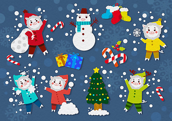 PSD 캐릭터 크리스마스장식 겨울 여러마리 일러스트 눈사람 산타옷 사람없음 선물상자 크리스마스트리 목도리 돼지 눈송이 즐거움 돼지캐릭터 눈싸움 선물꾸러미 털양말 국내일러스트 일러캐릭터 잡화 옷 계절 감정 동물캐릭터 다수 크리스마스 포유류 양말 눈_날씨 선물 상자 싸움 파일형식