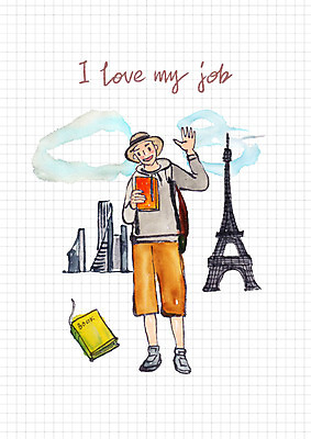 전신 PSD 직업 남자 여행 일러스트 배낭 한명 미소 사람 성인 책 관광지 다이어리 에펠탑 작가 소설가 손인사 일자리 챙모자 국내일러스트 모자_잡화 1 가방 비즈니스 표정 사무용품 인사 파리 랜드마크 파일형식