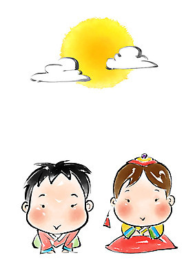 전신 PSD 여자 명절 남자 어린이 일러스트 캘리그라피 붓터치 미소 사람 두명 추석 보름달 절 한복 번짐 어린이만 국내일러스트 한국전통 전통 기념일 표정 달 인사 전통의상 파일형식 효과