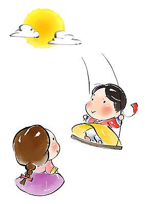 전신 PSD 응시 여자 명절 어린이 일러스트 캘리그라피 붓터치 미소 사람 두명 추석 보름달 한복 그네 번짐 그네뛰기 어린이만 국내일러스트 한국전통 전통 시선 기념일 표정 전통놀이 달 전통의상 파일형식 효과