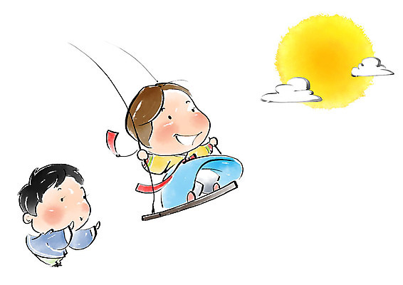 PSD 여자 명절 남자 어린이 일러스트 캘리그라피 붓터치 미소 사람 두명 추석 보름달 밀기 한복 즐거움 그네 번짐 그네타기 어린이만 국내일러스트 한국전통 전통 기념일 감정 모션 놀이 표정 달 전통의상 파일형식 효과