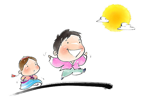 전신 PSD 여자 명절 남자 어린이 일러스트 캘리그라피 붓터치 미소 웃음 사람 두명 달리기 추석 점프 보름달 한복 즐거움 번짐 고향 귀성길 어린이만 국내일러스트 한국전통 전통 기념일 감정 모션 표정 달 전통의상 파일형식 효과