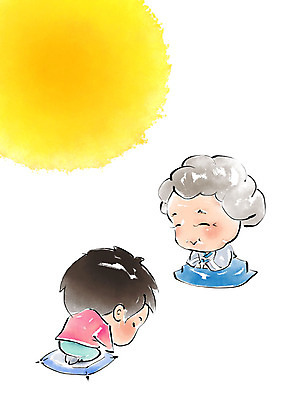 PSD 여자 명절 노년 남자 할머니 어린이 일러스트 캘리그라피 붓터치 손자 미소 사람 앉기 두명 추석 보름달 절 한복 번짐 국내일러스트 한국전통 전통 기념일 모션 표정 성인 달 인사 전통의상 손주 파일형식 효과