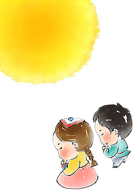 전신 PSD 여자 명절 남자 어린이 일러스트 캘리그라피 붓터치 사람 두명 추석 보름달 한복 번짐 소원 소원빌기 어린이만 국내일러스트 한국전통 전통 기념일 달 전통의상 파일형식 효과