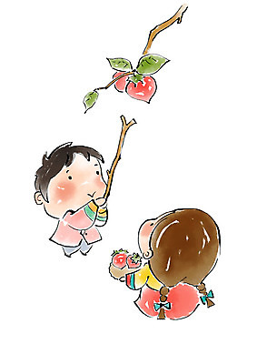 전신 PSD 응시 여자 명절 남자 어린이 일러스트 캘리그라피 붓터치 미소 사람 두명 바구니 추석 가을 나뭇가지 장대 한복 감나무 번짐 감따기 어린이만 국내일러스트 나무 한국전통 전통 시선 계절 기념일 모션 표정 감 전통의상 파일형식 효과